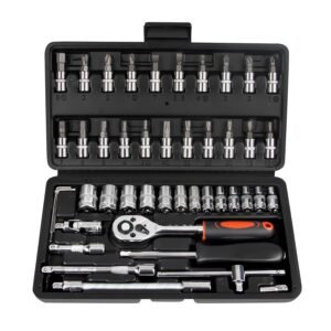 1/4 Inch Socket Spanner Set, 46-Piece Metric Socket Wrench Bit Set with Flexible Extension Rods, Quick Release Reversible Ratchet for Home Repair and DIY