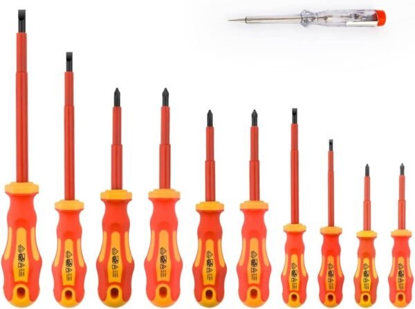11-Piece VDE Insulated Screwdriver Set Including Slotted, Phillips and Pozidriv Screwdriver with Voltage Tester, 1000 V, Kraftform Handle
