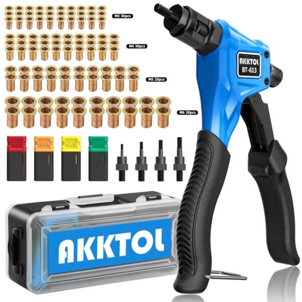 AKKTOL Rivet Nut Pliers, Rivet Nut Pliers Set, Threaded Rivets Pliers Set with 100 Rivet Nuts M6, M5, M4, M3, 4 Mandrels and Carry Case, Rivet Nut Pliers, One-Handed Rivet Nut...