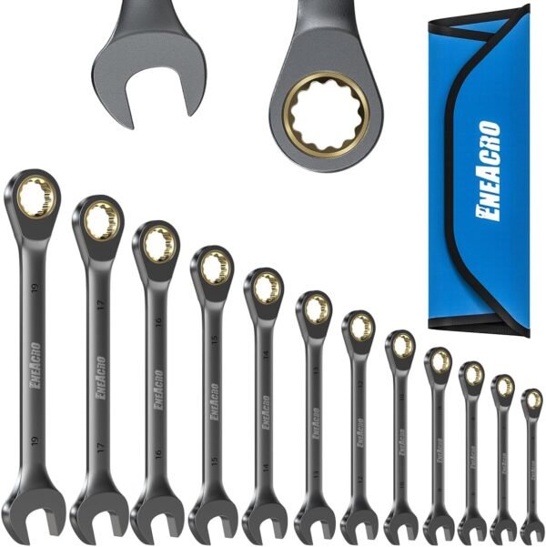 ENEACRO 12-piece ring ratchet spanner set, 6-19 mm, non-slip combination spanner, open-end spanner set, 72 teeth, Cr-V steel, nickel-plated, with roll bag