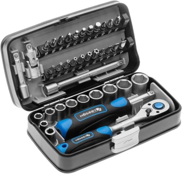 Högert HT1R462 tool set tool box, socket wrench set, screwdriver, ratchet, black/blue, 1/4 inch, 38-piece