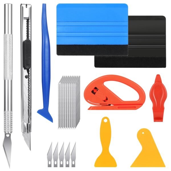 Pack of 20 Squeegees for Film, Film Tool, High-Quality Squeegee Set for Window Film with 2 Felt Squeegees, Precision Knife, Plastic Spatula, Foil Squeegee, Cutter, Knife with 5...