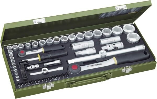 Proxxon 2340 complete socket spanner set, 56 pieces, reversible ratchet set made from chrome vanadium steel in sturdy powder-coated steel box, 1/4 inch + 1/2 inch, 23040