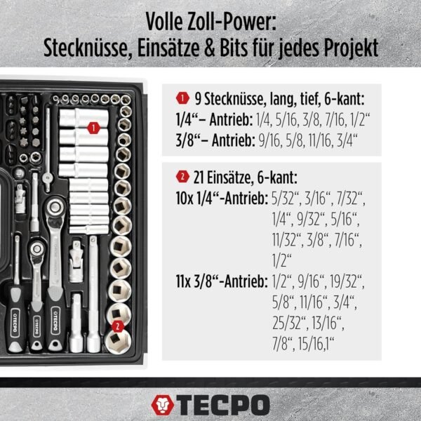 TECPO 92-teilig Steckschlüsselsatz aus Chrom-Vanadiumstahl für Profis und Heimwerker